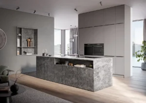 Beépített konyhapult szürke márvány színű konyha